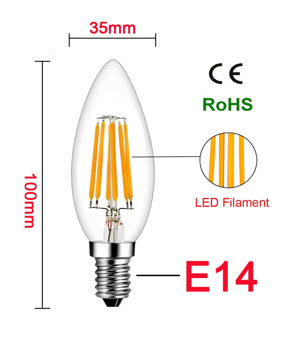 MENTA E14 Lampadina Filamento LED Candela fiamma 6W equivalente a 60W, Luce Bianca Calda 2700K, 600lm, Piccole lampadine a vite Edison (SES), C35 a Forma di Fiamma Non dimmerabile, Vetro, 10 Pezzi