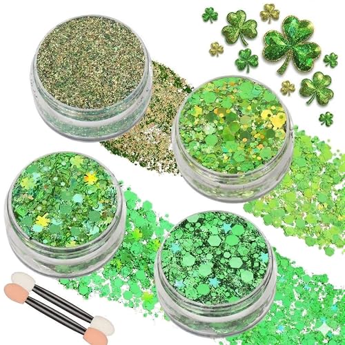 Paminify Green Face Glitter Gel,St Patricks Day Body Hair Glitter,Self-Adhesive Holographic Chunky Shamrock Green Glitter, St Patrick\'s Day Accessories for Women,Rave Festival Carnival Makeup