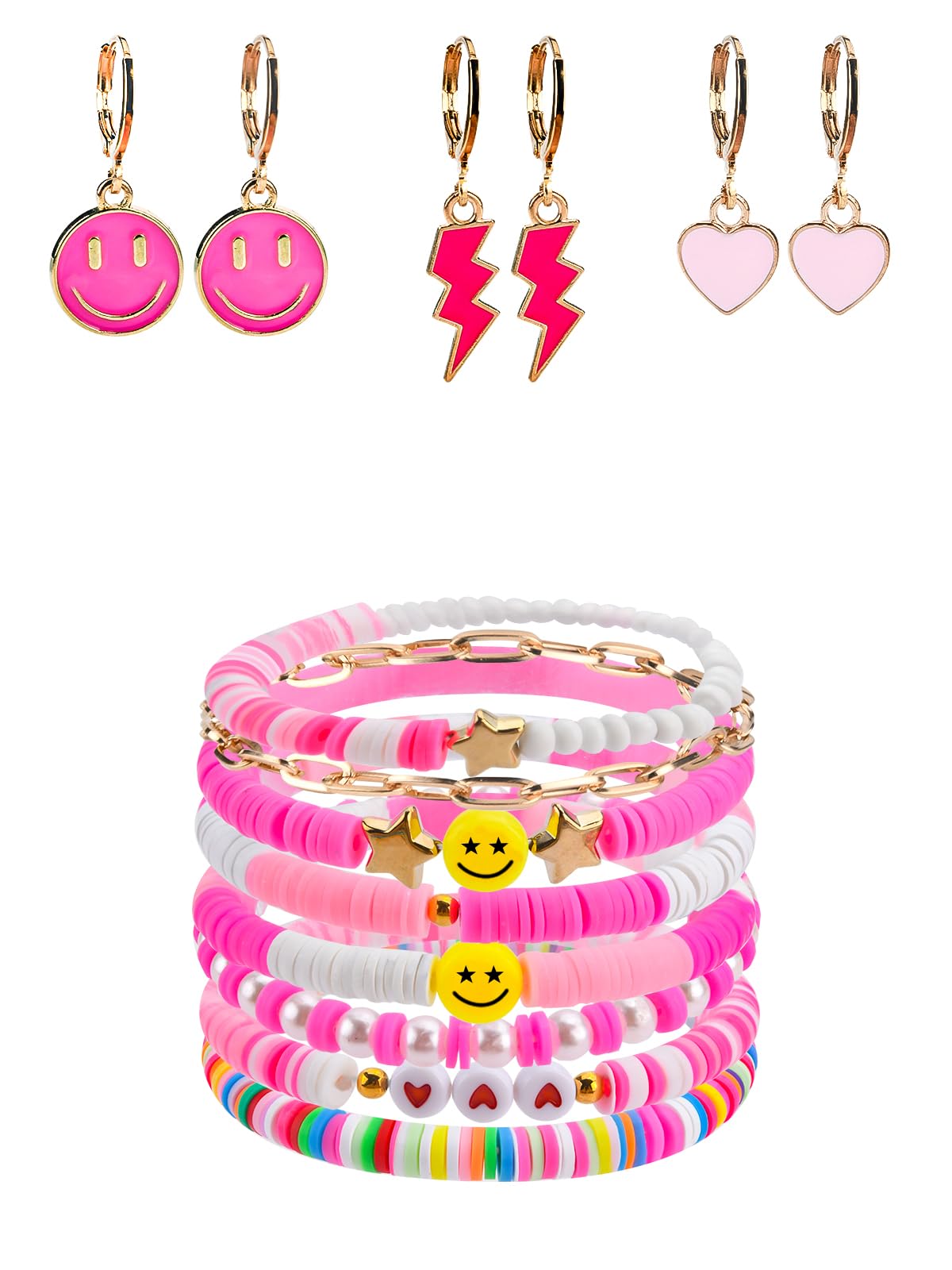 AbitonccPreppy Heishi Surfer Bracelets Set for Teen Girls, Cute Earrings Aesthetic Rings Preppy Colorful White Gold Clay Bead Stackable Stretch Bracelets Pack, Y2K Jewelry Lightning Bolt Heart Star