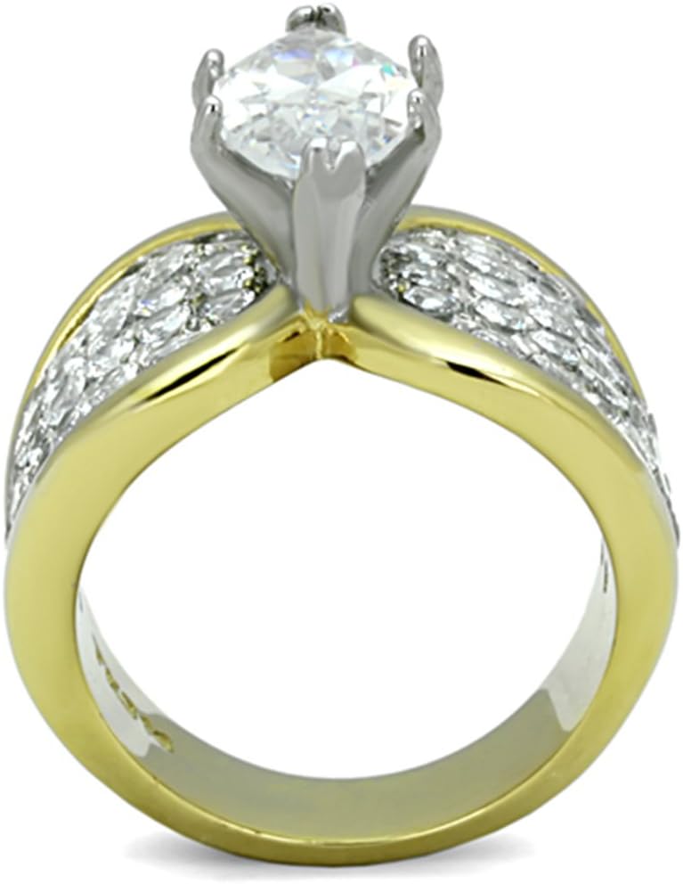 Marimor Jewelry 4.28 Carat Marquise Cut Cubic Zirconia Two Tone Ion Plated Stainless Steel Engagement Ring Sizes 5-10