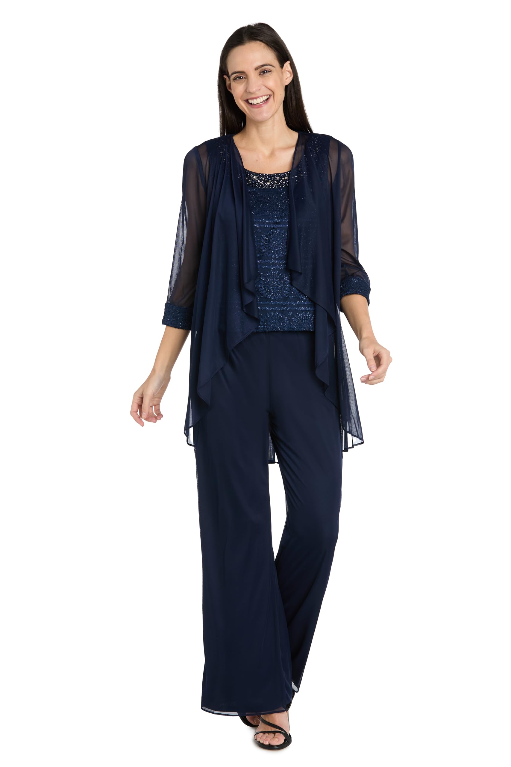 3PC Glitter Embroidered Pant Suit W Pearl Neckline