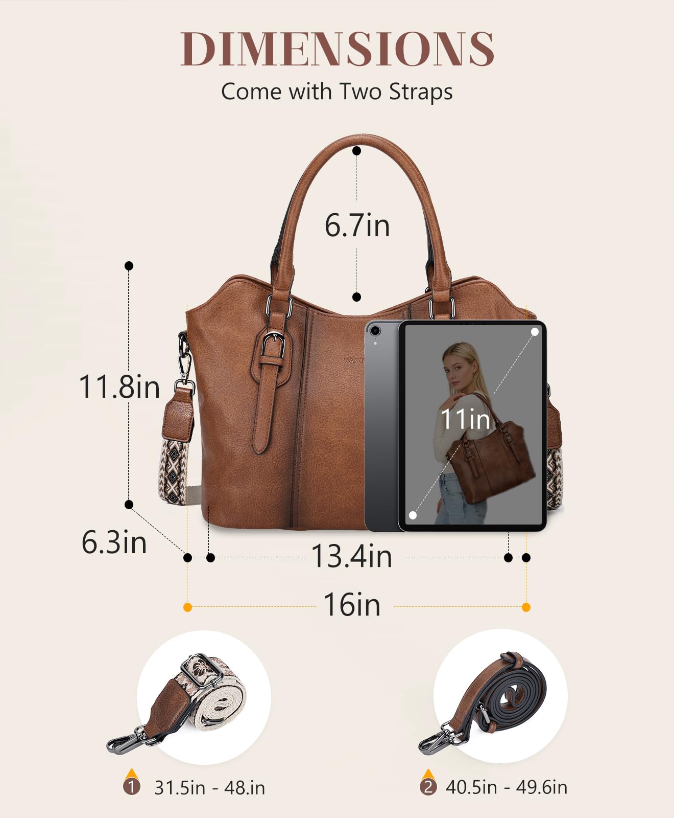 VASCHY Handtasche für Dame, Vegan Leder Hobo Taschen Top Griff Satchel Schulter Frauen Geldbörse Handtasche Geldbörse mit Crossbody Gitarrengurt
