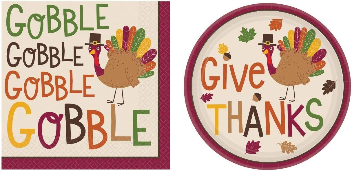 Fun Thanksgiving Friendsgiving Paper Plates and Napkins for 36 and an Exclusive ElevenPlus2 Gratitude Conversation Starter Ideas Sheet