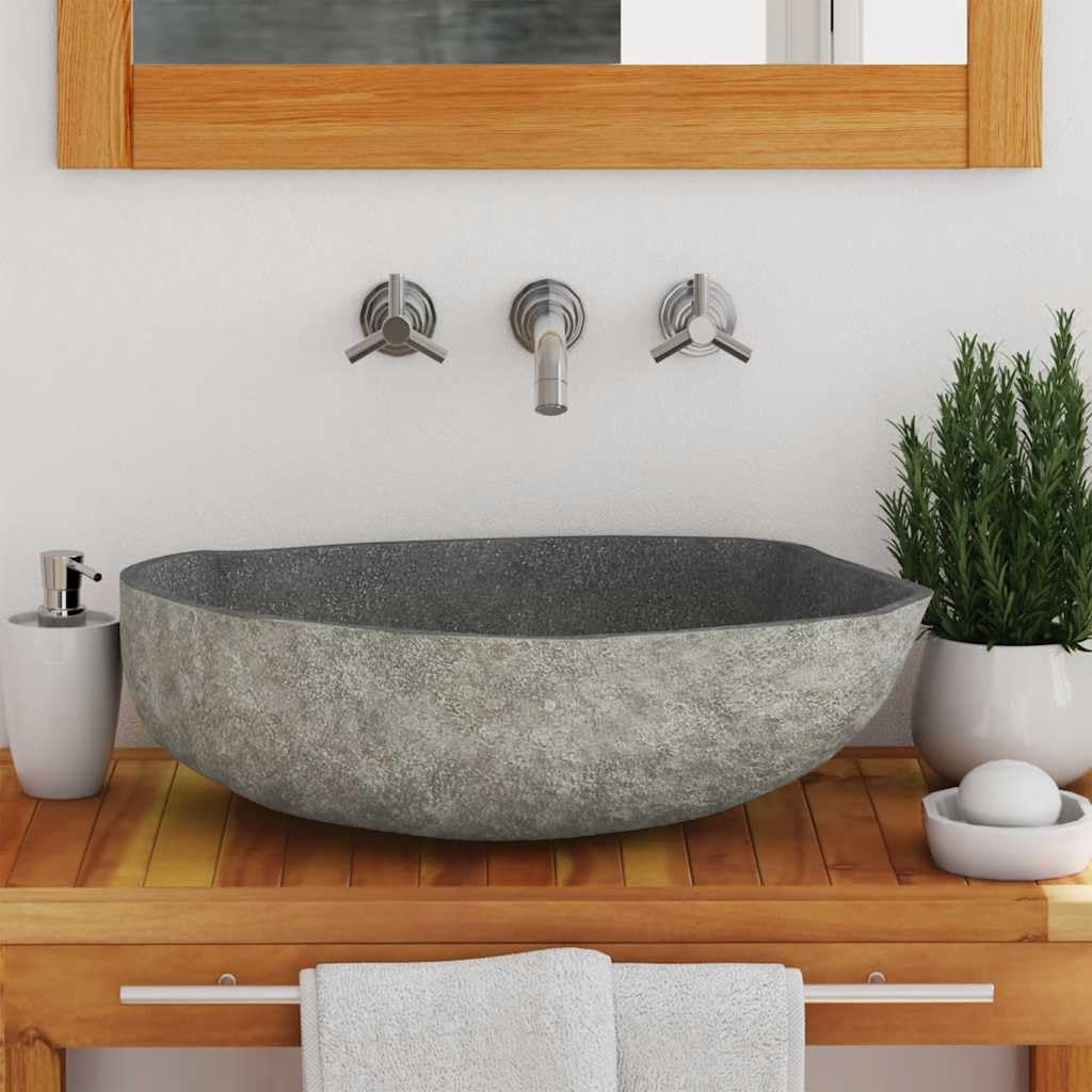 Ovales Flussstein Waschbecken Natursteinbecken (45-53) x(34-41) cm, glatt poliert, Abfluss 4,5 cm, stilvolle Ergänzung für Badezimmer
