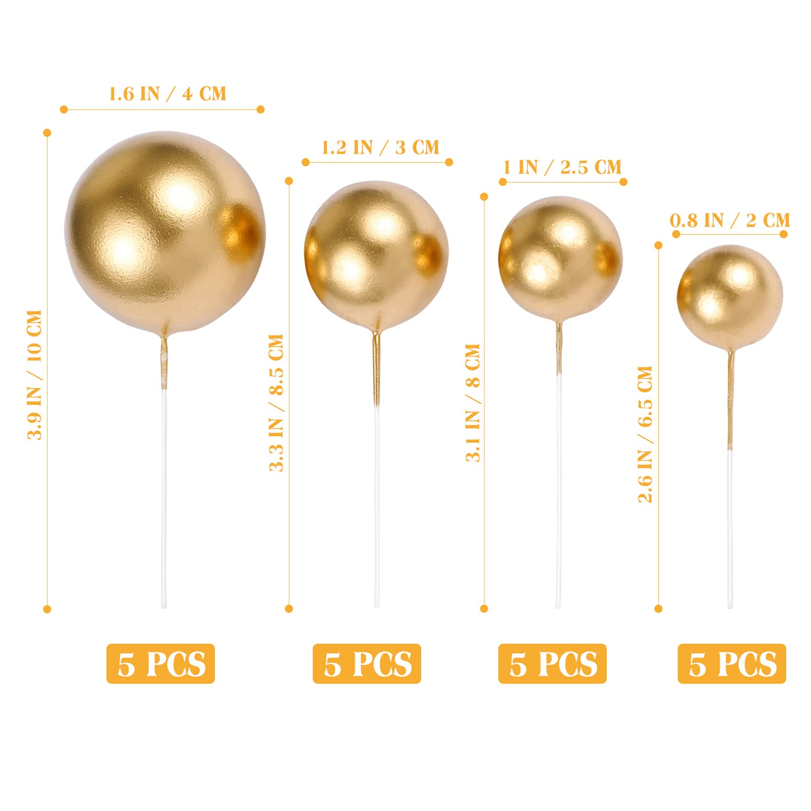 ABOOFAN 20Pcs Balloon Cake Topper Gold Ball Cupcake Toppers Mini Foam Ball Cake Topper DIY Gold Cake Topper for Happy Birthday Wedding Anniversary Party Cake Decoration Supplies