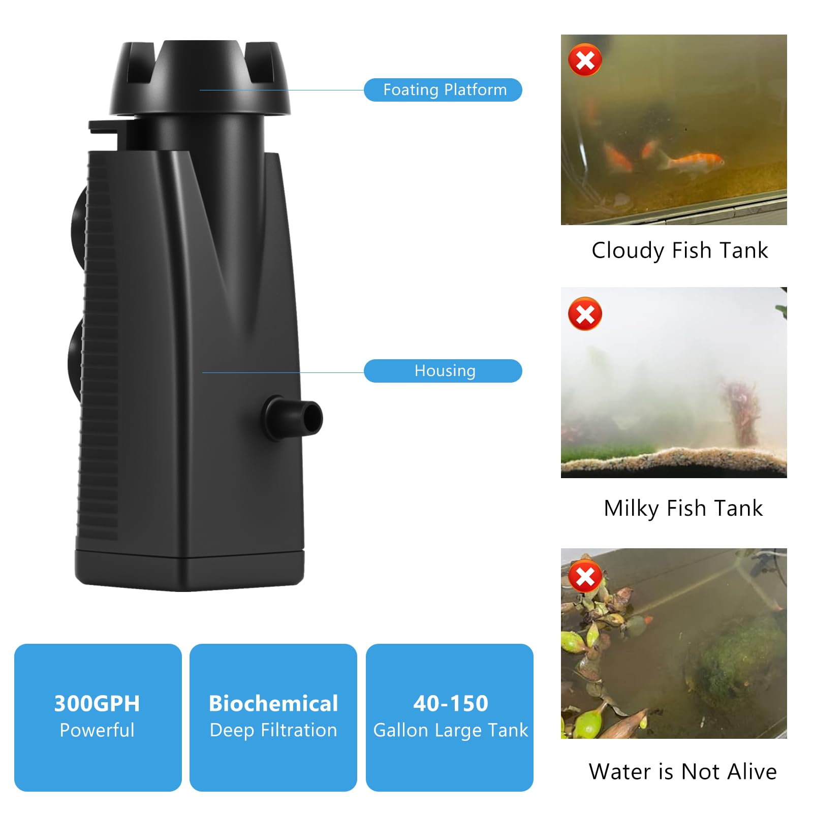 300 L/H 3 W Aquarium Skimmer para acuarios, peceras de superficie, filtro de acuario con esponja orgánica y ventosas, skimmer superficial, eliminador de película de aceite, adecuado para agua — view 8