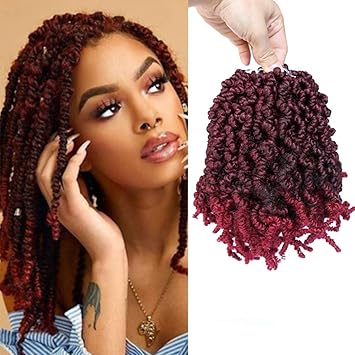 ZigZag Hair Short Curly Bomb Spring Twist Crochet Hair Ombre Burgundy 6packs Pretwisted Bomb Twist Crochet Hair Bob 12inch Passion Twist Crochet Braids Hair Extensions (12inch, T BURG)
