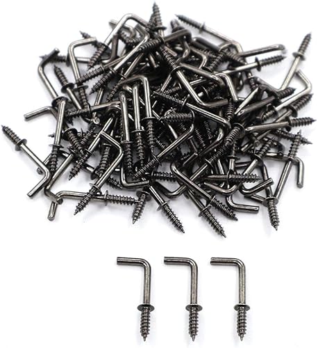 100 ganchos de bronce negro con rosca pequeños de 58 pulgadas en forma de L, 1 forma de ganchos de ángulo recto, 7 ganchos de tornillo de medalla de