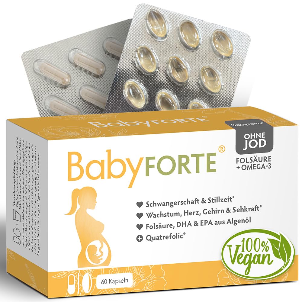 BabyFORTE® Folsäure ohne Jod + Omega-3 vegan mit Algenöl | 17 Schwangerschaftsvitamine ohne Jod + Quatrefolic® | 60 Kapseln | ab 1. Trimester