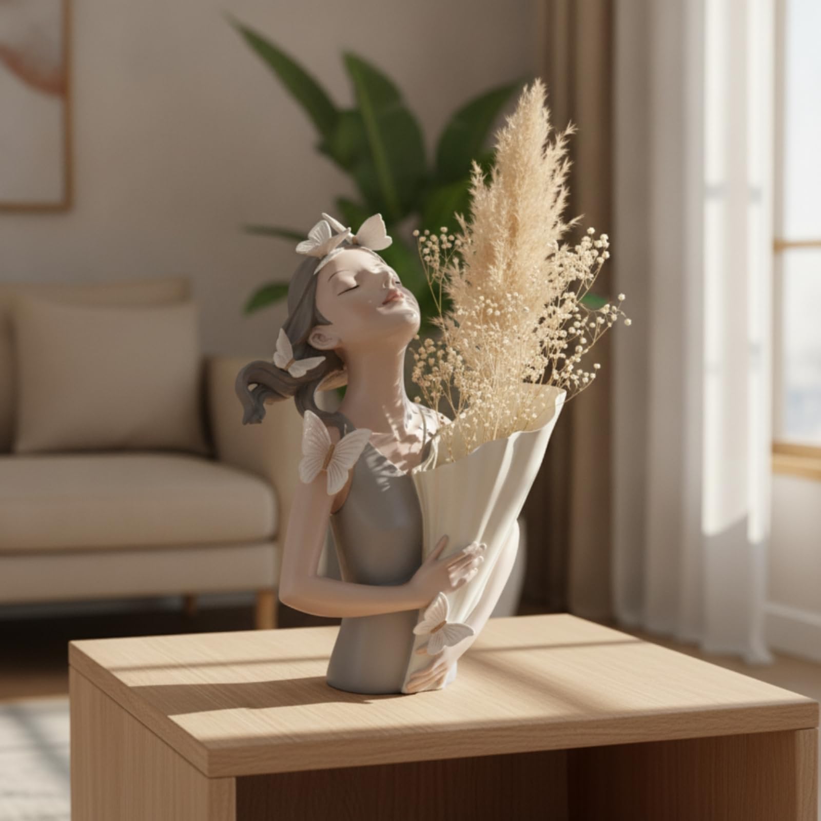 Dekorative Harzvase Mädchen Büste Blumenvase Schmetterling Figurine Handbemalt Kreative Wohndeko für Wohnzimmer Bücherregal Schreibtisch Geschenk, Grün