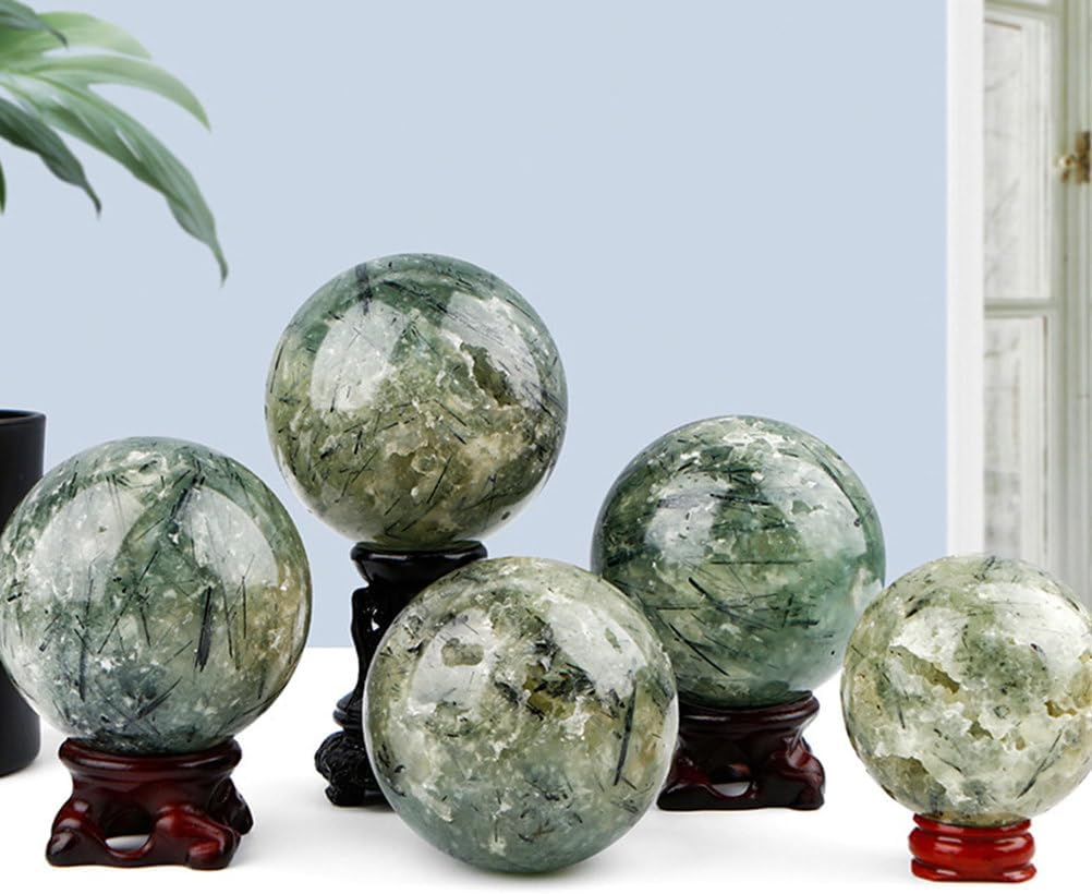 Prehnite Sphere 50-70mm Crystal Ball Decorative Stone Orb with Wood Stand for Home, Office, &,50~60mm