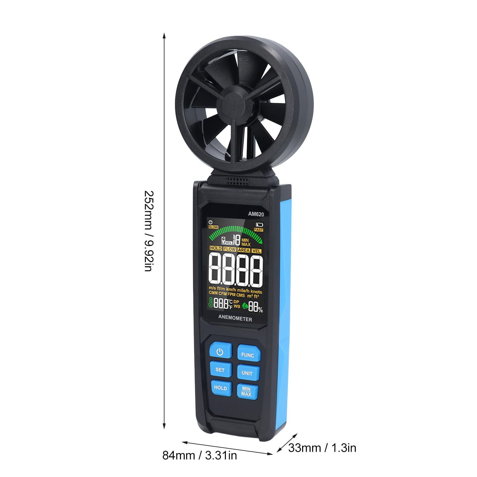 Naroote Anémomètre Portable, Débitmètre d'Air Numérique Pivotant à 180° avec Écran LCD Rétroéclairé et Capteurs, Idéal pour Mesurer la Vitesse du Vent, la Température, l'Humidité