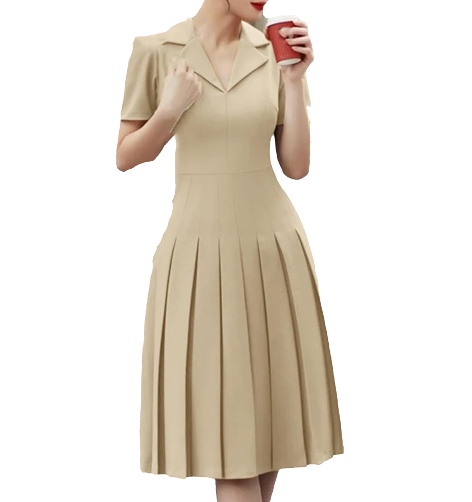 Elegante A-Line Midi Abiti Moda Donna Vita Alta Risvolto Collo Pieghe Vesti Femme Manica a Sbuffo Breve Abito Solido