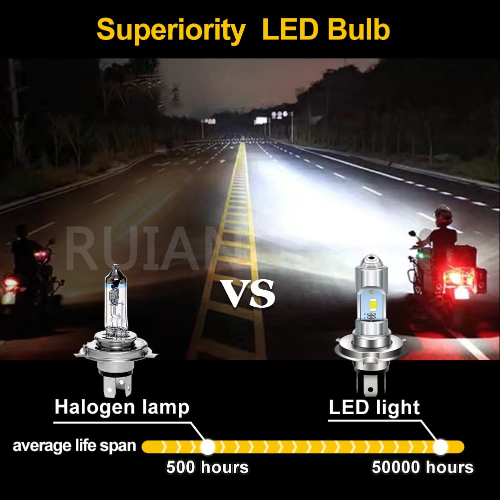 Ruiandsion - Lot de 2 phares LED avant H4 de 6 V à faisceau double haut et bas, 6000 K, couleur blanc 3570 puce pour motos, voitures et vélos, lumière antibrouillard