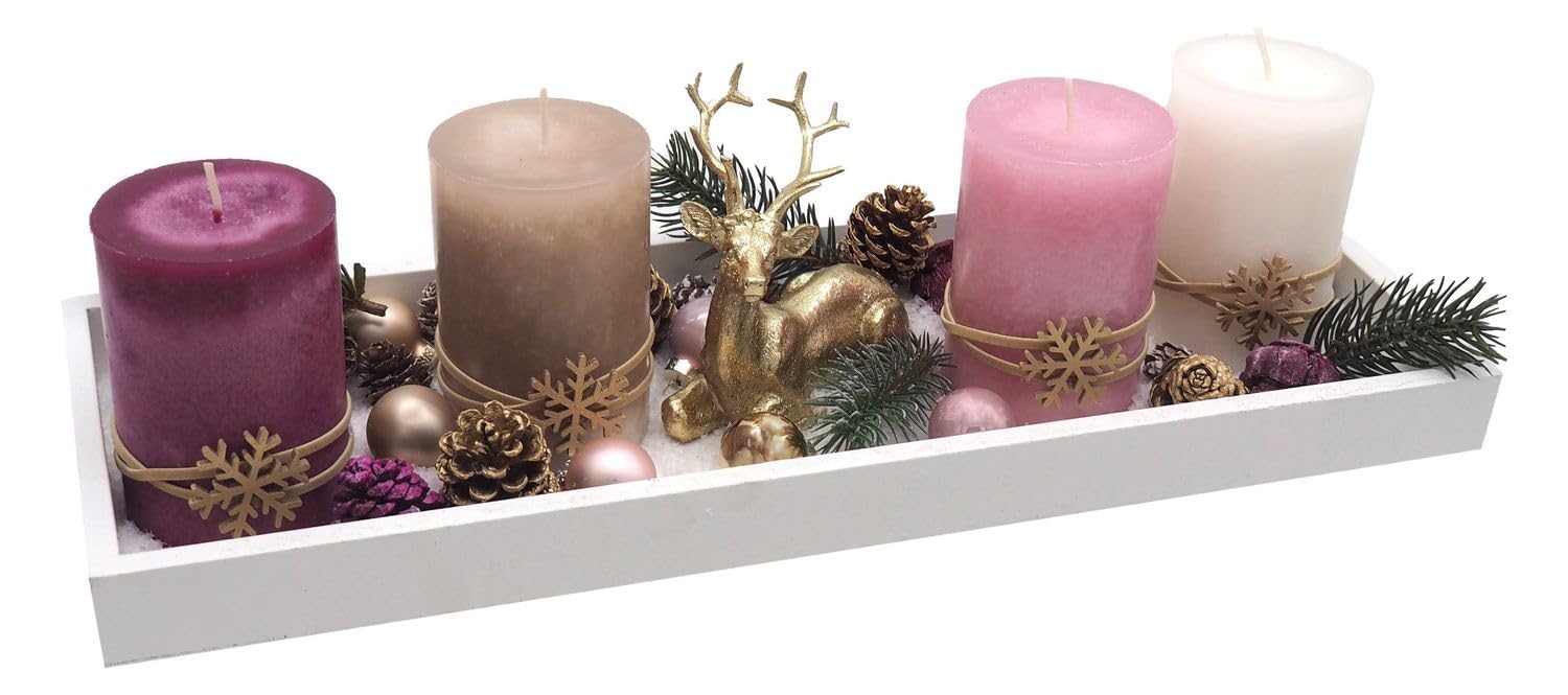 ZauberDeko Adventsgesteck Weihnachten Weihnachtsdeko Tablett Hirsch Gold Rosa Beere Deko 40cm