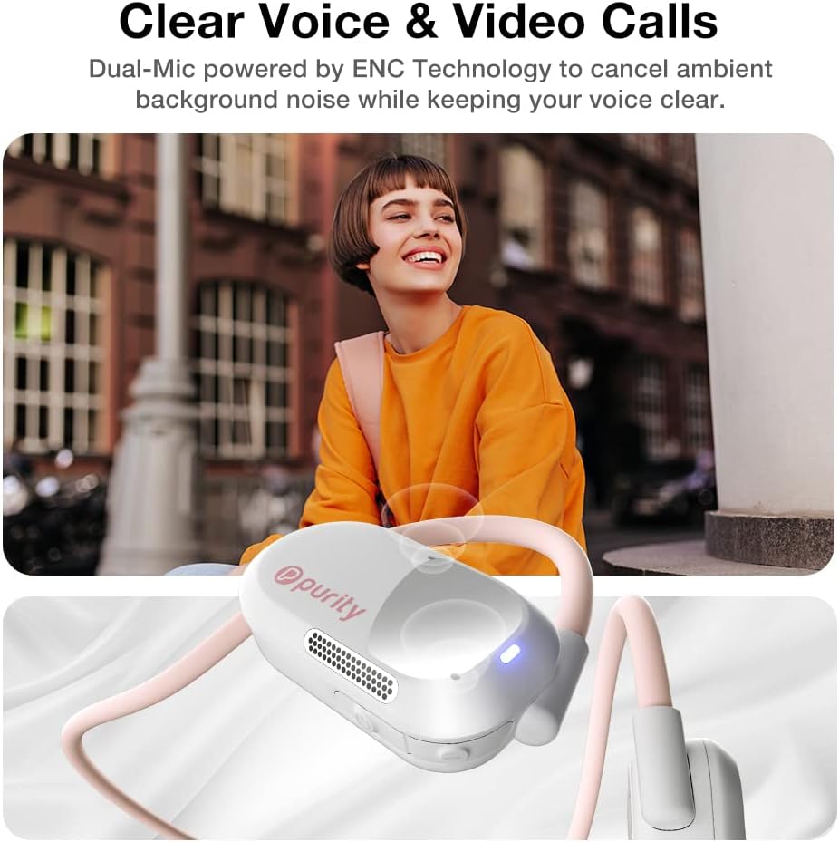 Woman smiling while wearing Purity Air Open Ear Headphones, illustrating clear call quality