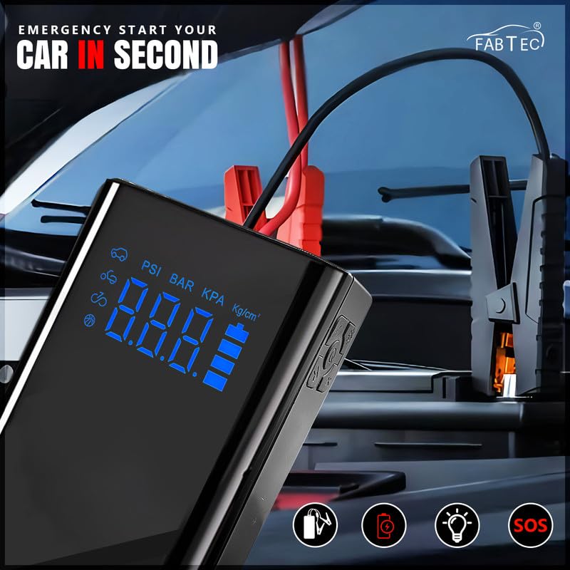 Image of Fabtec 4-in-1 Jump Starter with Tyre Inflator 150 PSI Portable Tire Inflator Air Compressor with Digital Display, 15000mAh Battery, SOS Light & 5 Air Filling Modes for Cars, Bikes, Bicycles and Balls