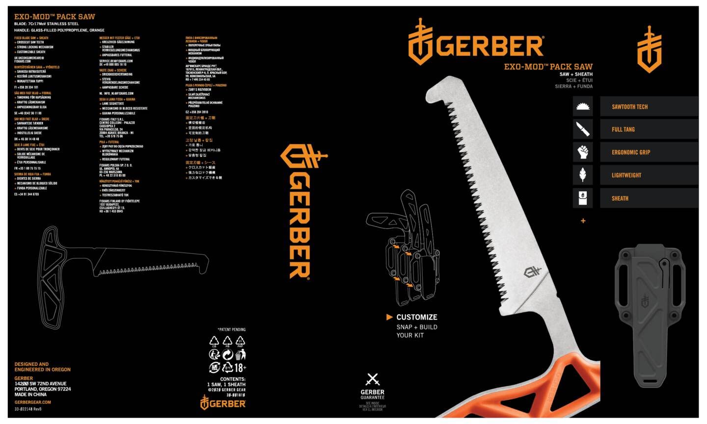 Gerber Knochensäge mit Scheide, Sägeblattlänge: 10,8 cm, Exo-Mod Saw, Klingenmaterial: 7Cr17MoV, Orange, 30-001810