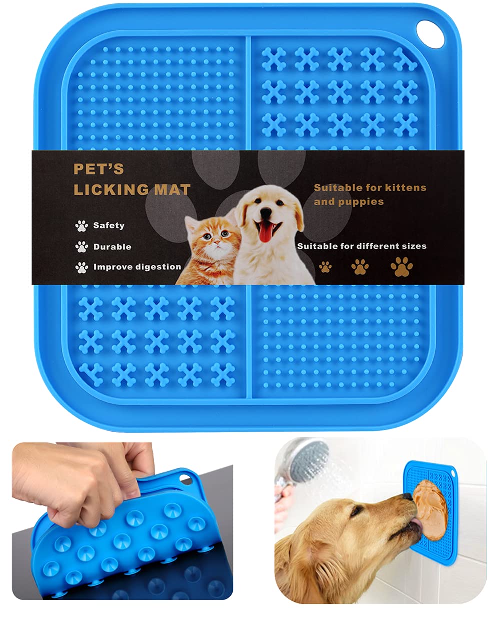 OTIME Lick Mat for Dogs & Cats, Slow Feeder Dog Bowls with 40 Suctions, Anxiety Reducer, BPA-Free Silicone, Blue