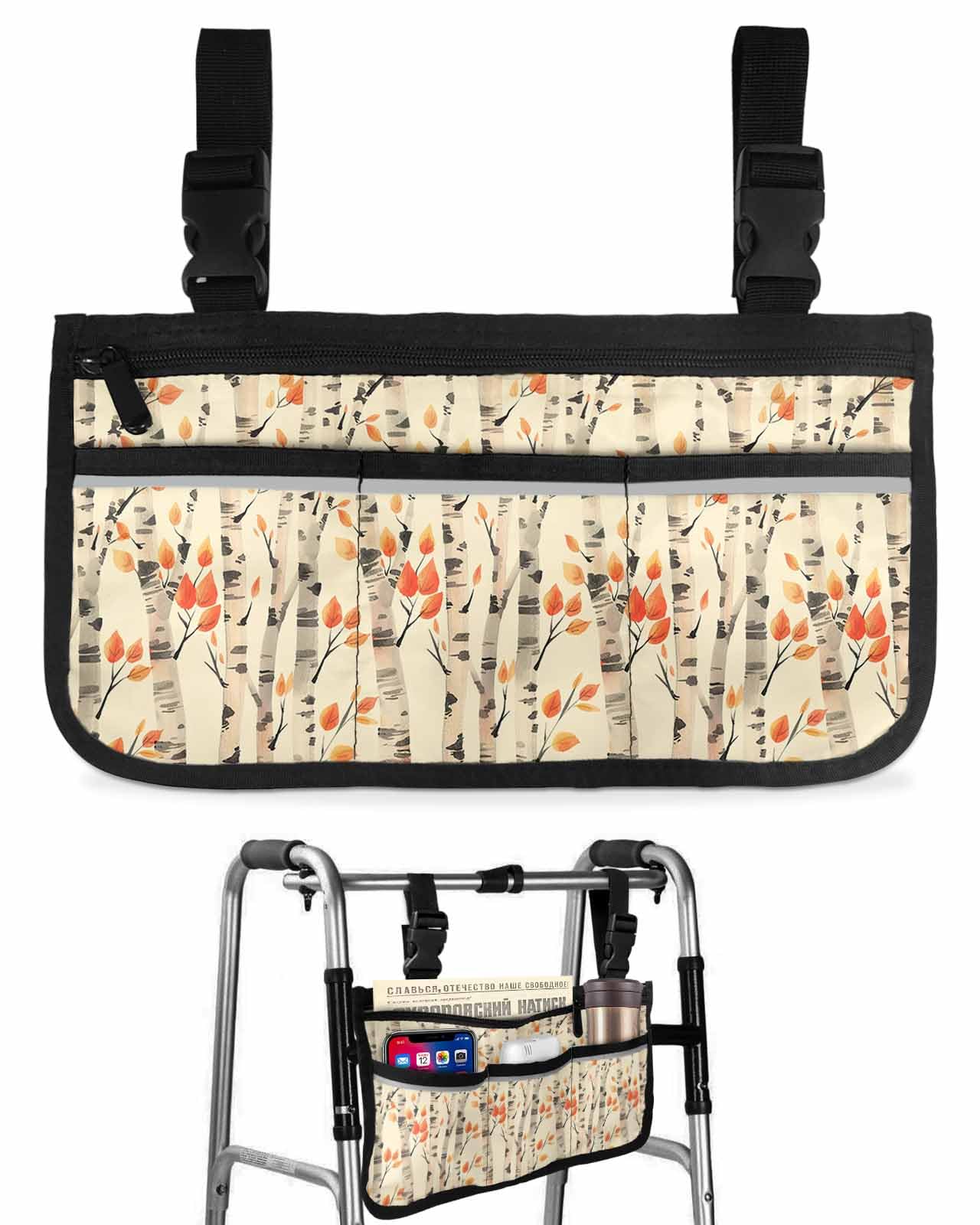 Anzona Maple Tree Fall Wheelchair Side Bag Walker Bag, Rustic Watercolor Orange Leaves Beige Wheelchair Accessories Armrest Pouch, Organizer Storage Bag for Walkers, Rollators, Scooters, 7.3''x13''