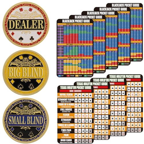 Lunorvexia Poker Bundle Set: Professional Texas Hold'em Chips with Dealer Button & 9-Pack Double Sided Poker/Blackjack Strategy Cards - Beginner Learning Kit