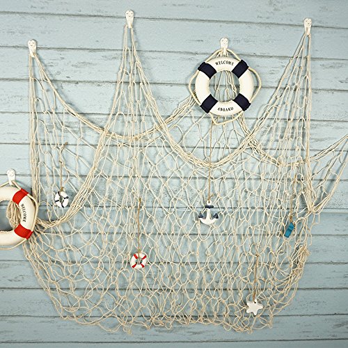 Bilipala Rustic Nautical Decorative Fishing Net Wall Hangings Decor with Stars, Lifebuoy and Anchor Ornaments, Creamy White Bilipala Rustic Nautical Decorative Fishing Net Wall Hangings Decor with Stars, Lifebuoy and Anchor Ornaments, Creamy White