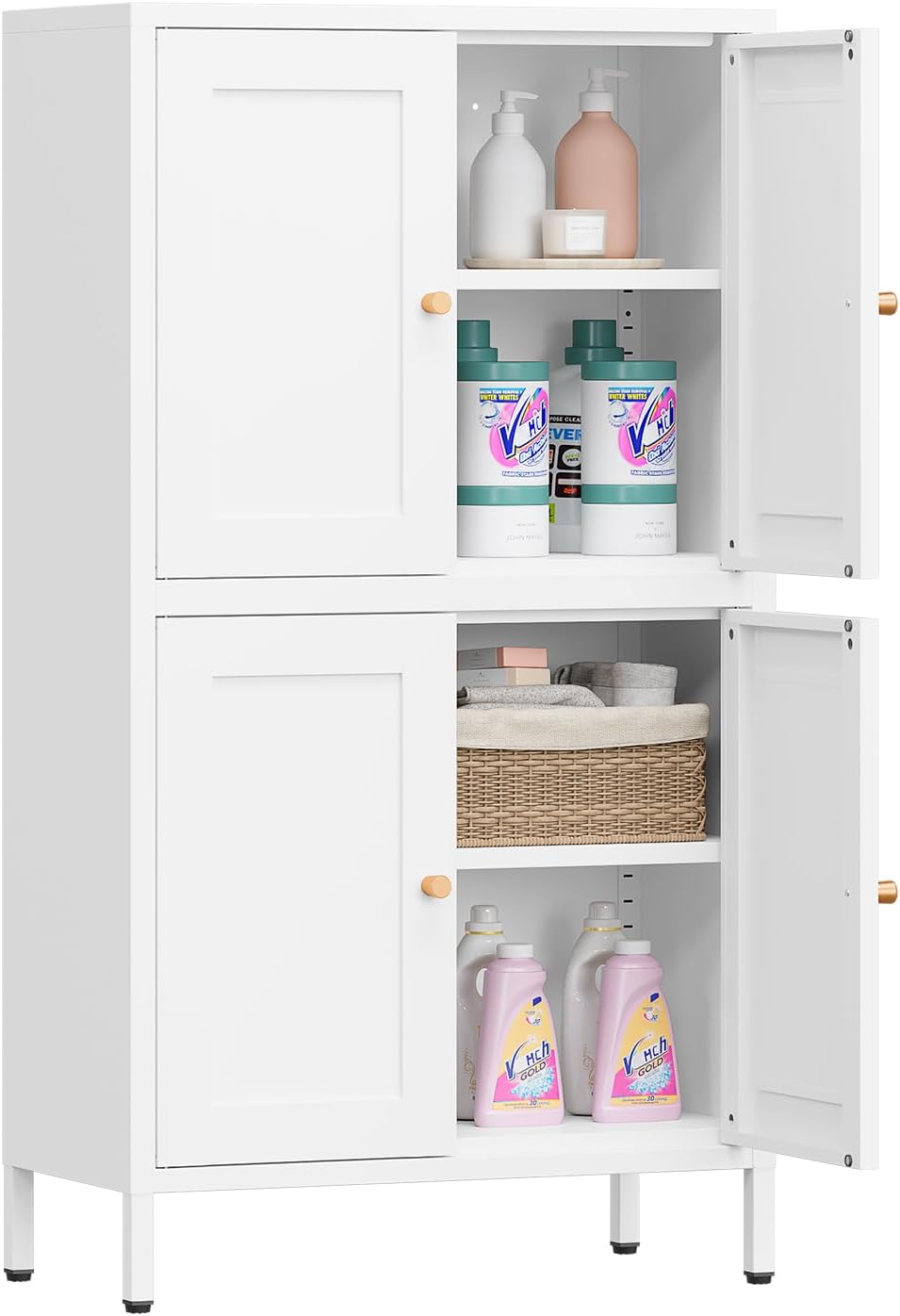 White Kitchen Pantry Cabinet, Bathroom Storage Cabinets with Doors and Adjustable Shelves, 24” Wide Metal Food Caninet with Legs, Narrow Freestanding Cupboard for Living/Dining Room-Assemble Required