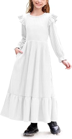 BesserBay Girls Fall Long Sleeves Ruffle Crew Neck Casual Tiered Maxi Dresses with Pockets 6-14 Years
