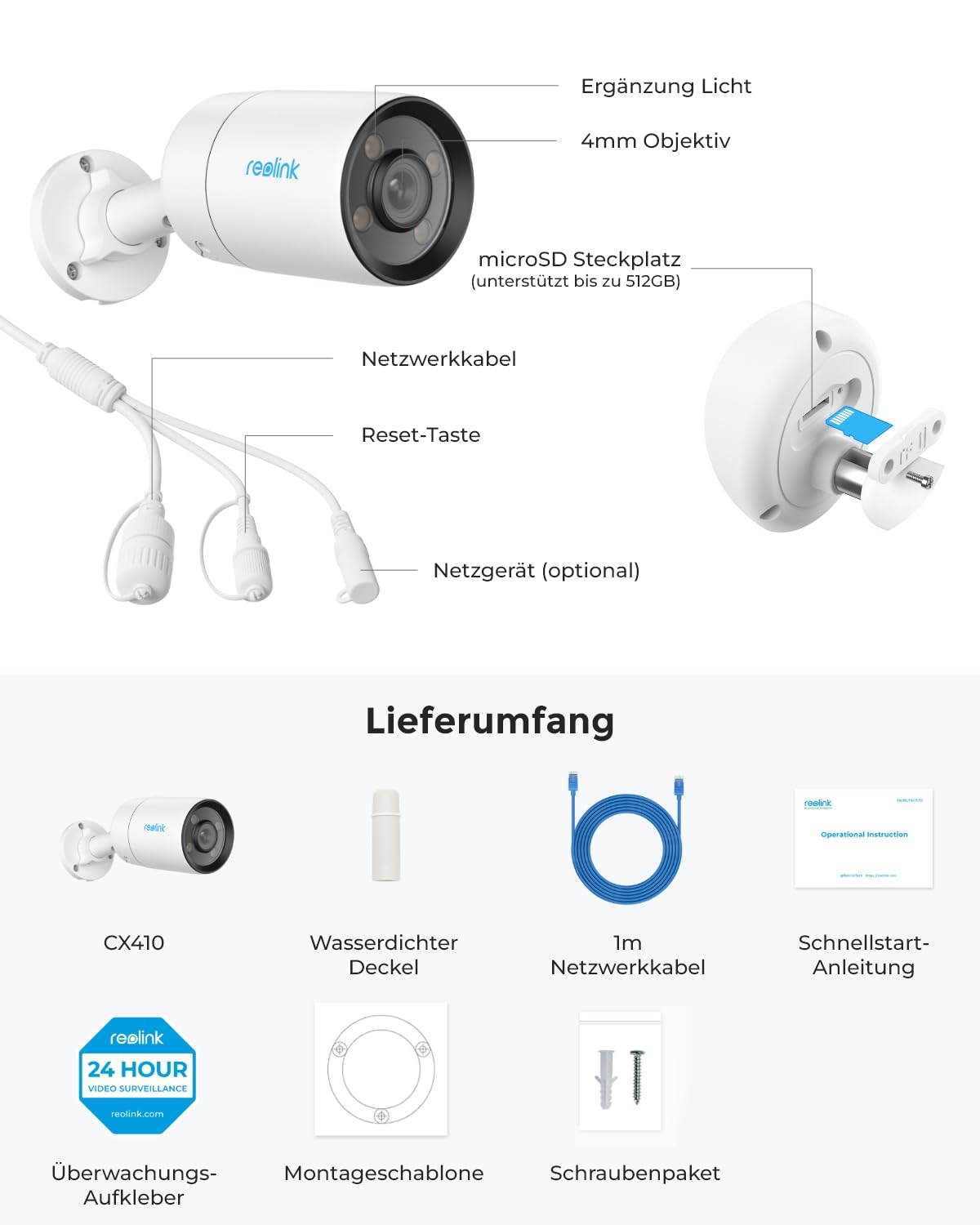 Reolink 4MP 2K PoE Überwachungskamera Aussen mit Vollfarbnachtsicht, CX410