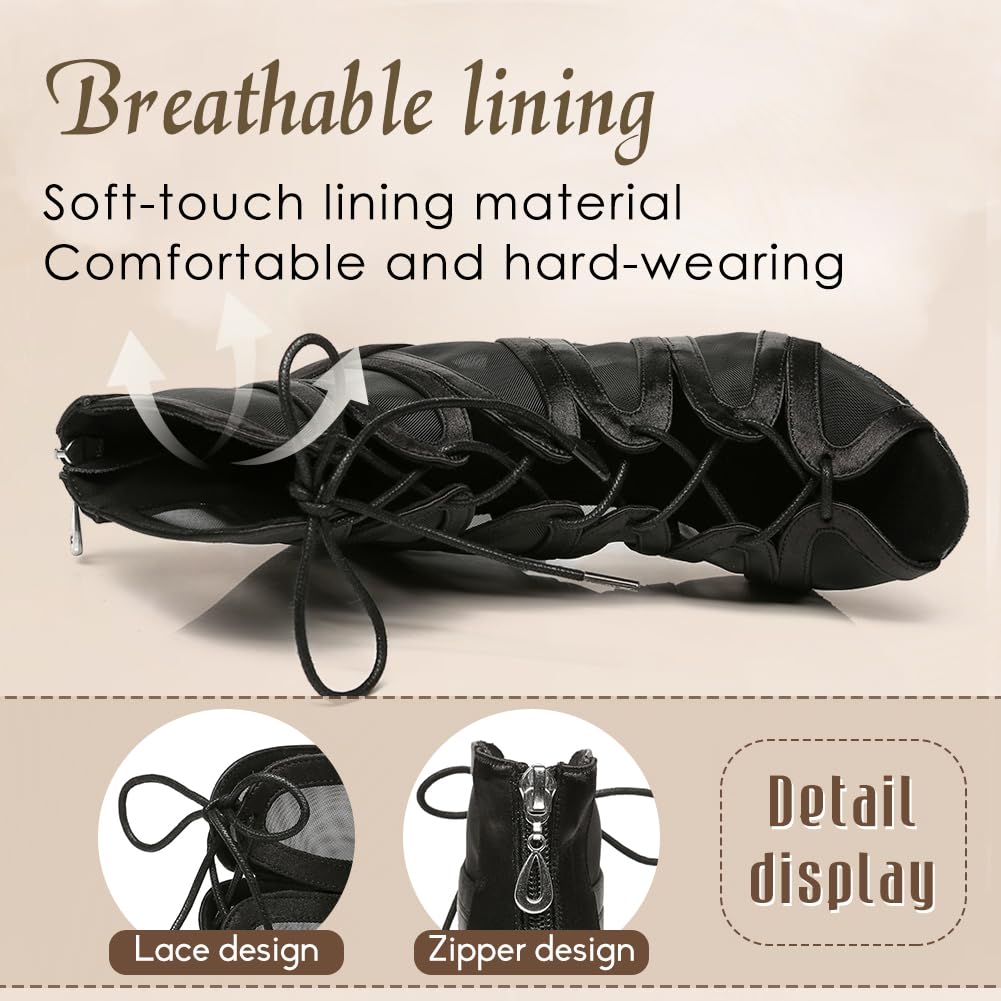 Latein Tanzschuhe Damen Hoher Absatz Salsa Ballsaal Satin Tanz Sandalen Czarny Offene Zehen Latein Tanzstiefel mit 8,5cm Absatz Wildledersohle