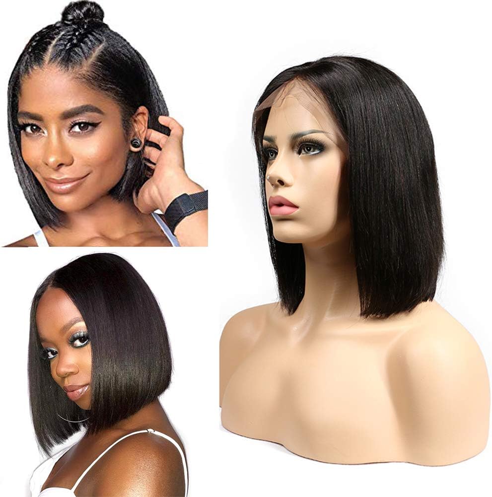 TUNEFUL Short Bob Wigs Brazilian Straight Human Hair lace Front Wigs for Black Women 130% Density Pre Plucked with Baby Hair (8 Inch, Natural)