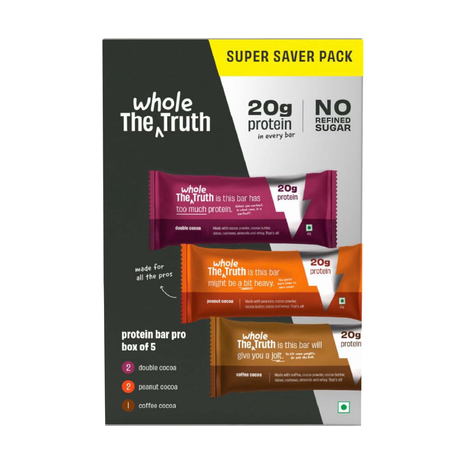 The Whole Truth - High Protein All in One 20g Protein Bar - Pack of 5 x 67g each - No Added Sugar - No Preservatives - No Artificial Flavours - All Natural