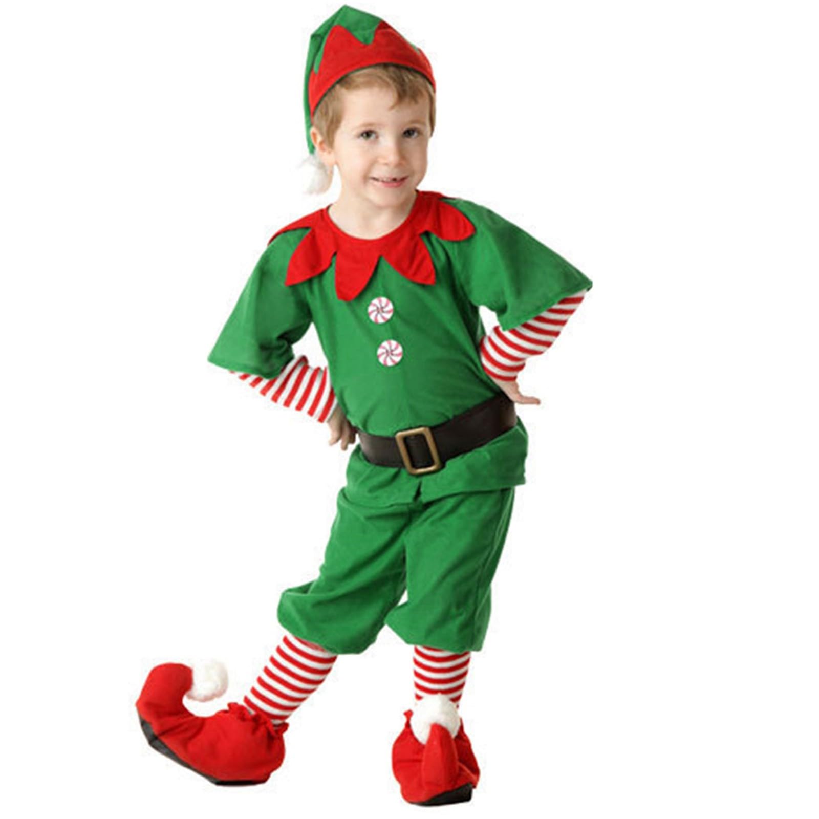 Kids Elf Costume, Boys & Girls Christmas Santa's Helper Fancy Dress Velvet Party Outfit, Cheeky Elves Dress Up Including Green Top, Red Trousers, Elf Hat, Belt, Boots & Long Striped Socks