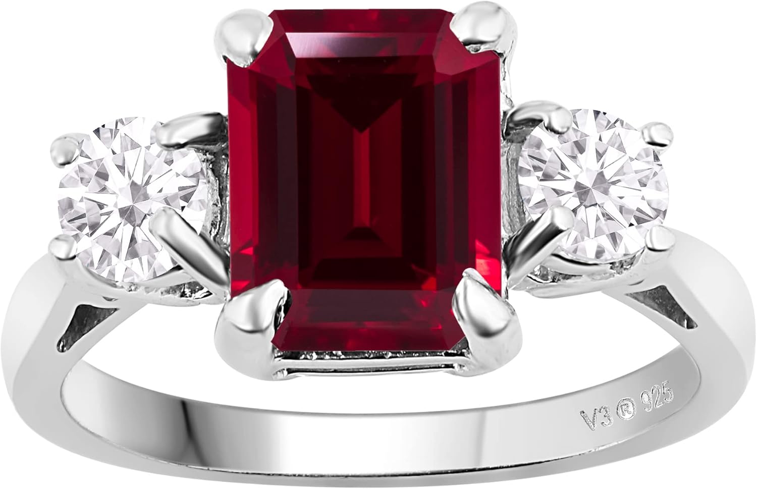 925 Sterling Silver with 2.74 CTTW Red Ruby and Moissanite Three Stone Engagement Wedding Ring for Women's