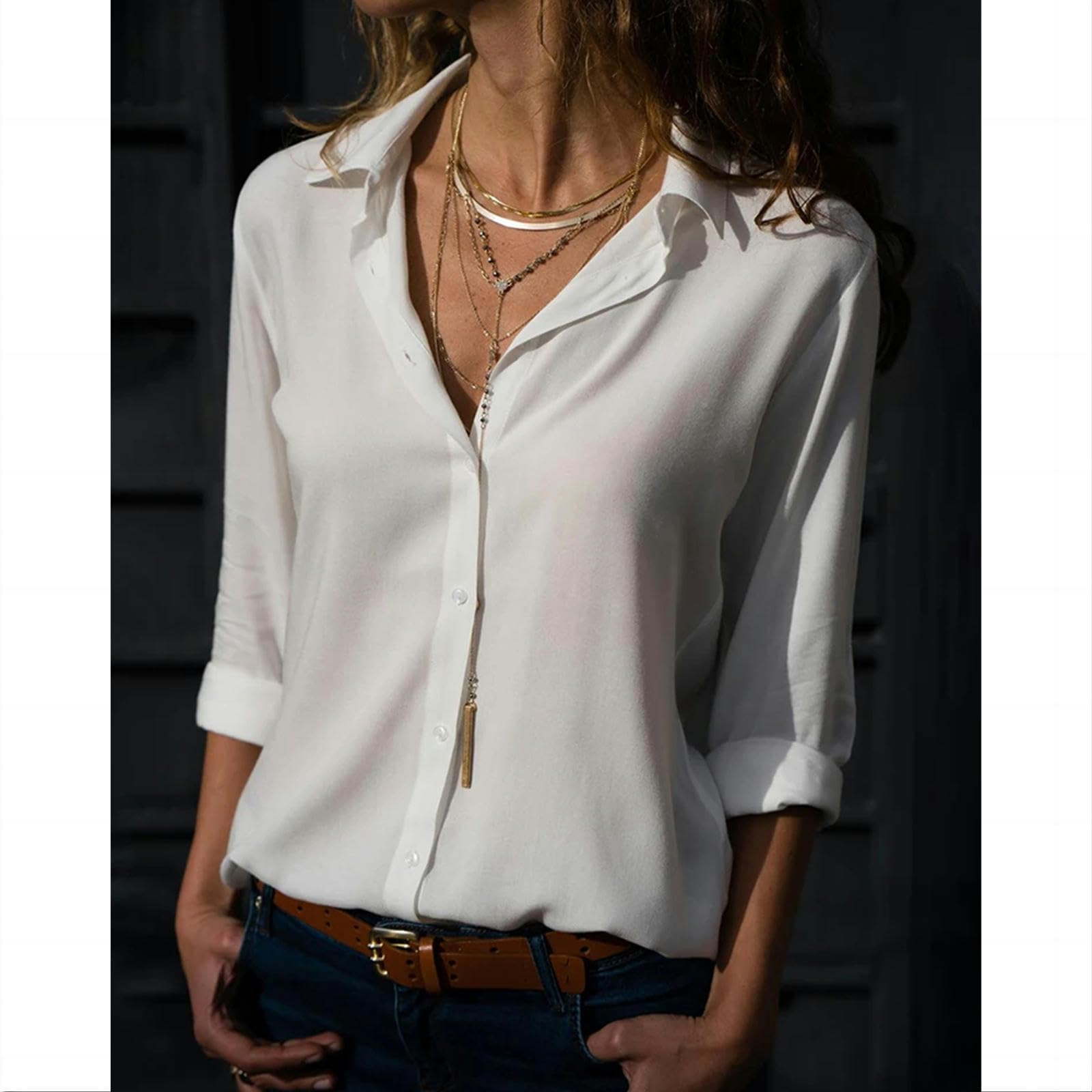 Bluse Damen Frauen Elegant Solide Chiffonbluse Frühling Sommer Lässig Langarm Gegen Nacken Lose Hemd