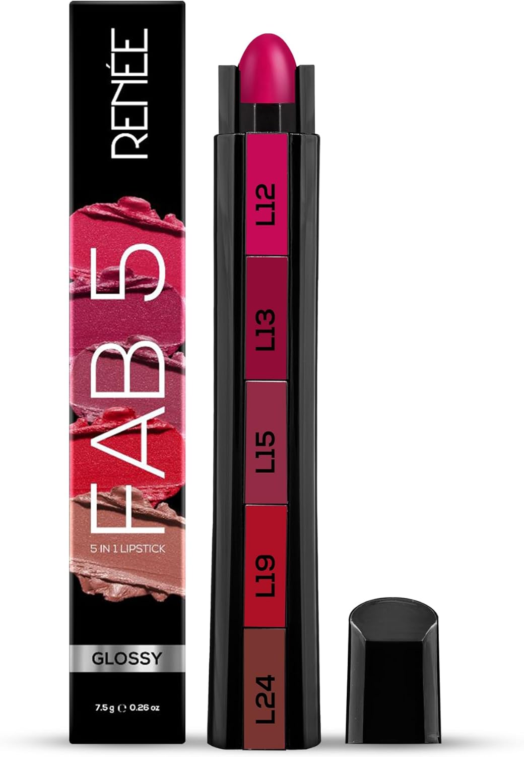 RENEE FAB 5 Glossy 5 in 1 Lipstick 7.5 Gm – Five Shades in One – Moisturizing & Nourishing, Long Lasting, Glossy Finish – Intense Color Payoff – Compact, Glides Smoothly with One-Stroke Application