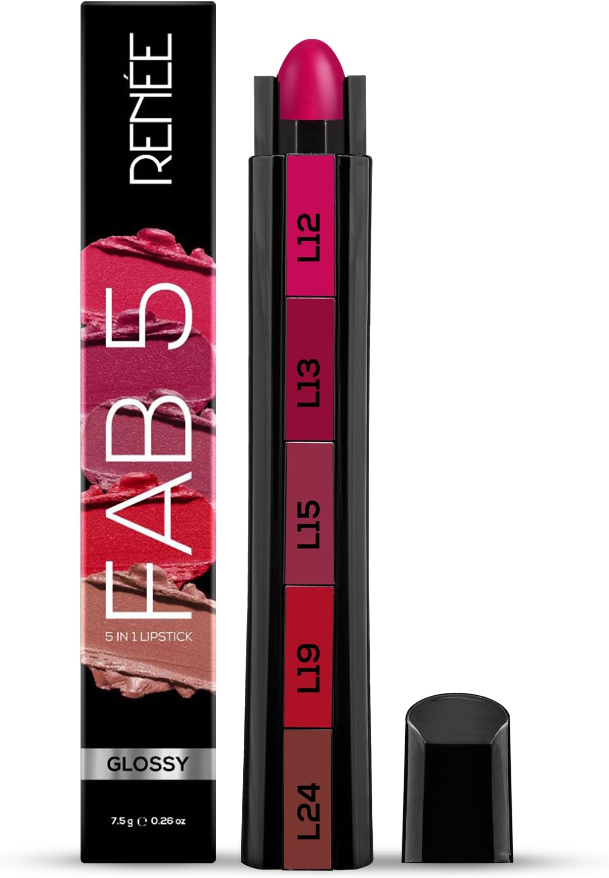 FAB 5 Glossy 5 in 1 Lipstick 7.5 Gm - Five Shades in One - Moisturizing & Nourishing, Long Lasting, Glossy Finish - Intense Color Payoff - Compact, Glides Smoothly with One-Stroke Application