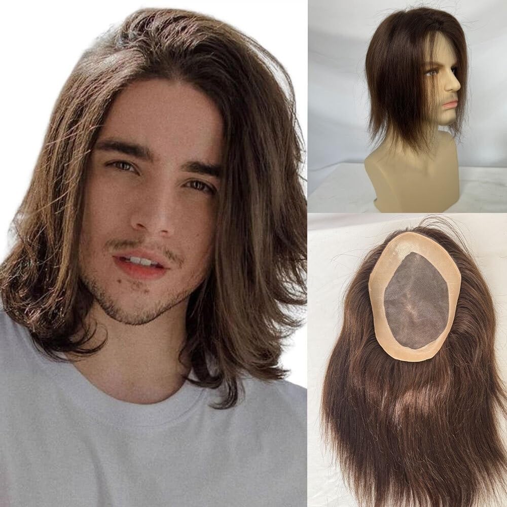 Men's Toupee 9" Indian Human Hair Men's Hairpiece Toupee for Men 6"x8" Fine Mono with PU Base Male Hair Prosthesis(Brown Color)