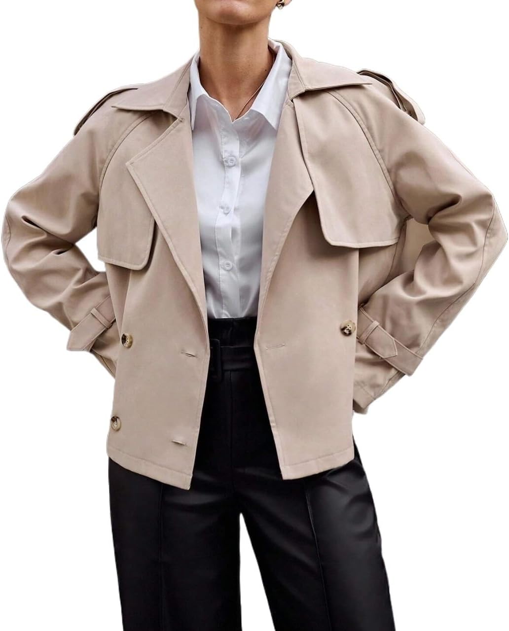 Womens Fashion Trench Outwear Raglan Sleeve Double-Breasted Casual Loose Trench Coat Jacket Coat