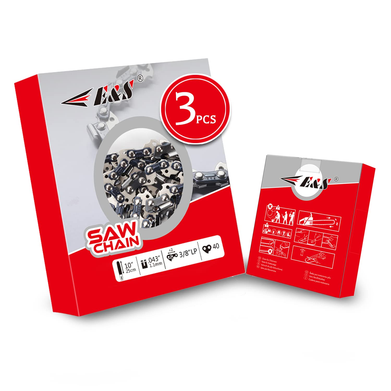 Chain Saw Chain 3 Pack 10 Inch .043" Gauge 3/8" LP Pitch 40 Drive Links, Semi Chisel 10 Inch Chainsaw Chain for Black Decker Craftsman Cub Cadet Echo Husqvarna Kawasaki Ryobi Chainsaw and More