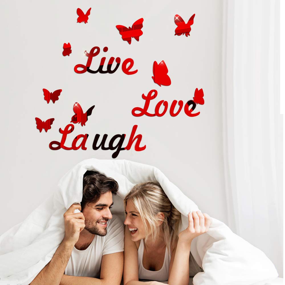 Live Love Laugh Acrylic Mirror Wall Decals with Butterfly, KAZIMOO Mirror Surface Wall Stickers for Bedroom Living Room, Removable DIY Wall Art Decor Home Decoration (Red)