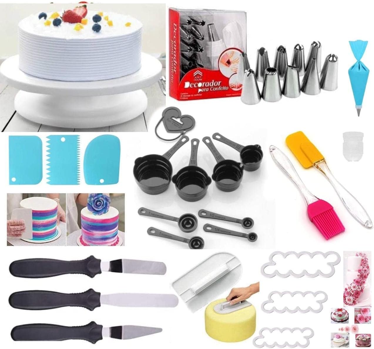 MARGI ENTERPRISE 12 Piece Cake Decorating Nozzle Cake Making Set Combo - Versatile Baking and Cake Decoration Kit with 360-Degree Rotating Turntable, Icing Nozzles, Scraper Set, Silicone Spatula