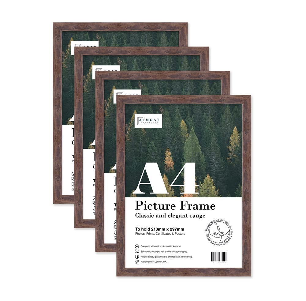 Almost Frameless A4 Walnut Picture Frame Set of 4, Display A4 Picture Gallery Wall, Poster, Photo, Artwork, or Print, Walnut