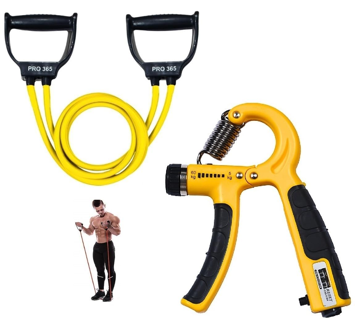 PRO365 Double Toning Tube 25 Kg| Counter Hand Gripper| Full Body Workout Equipment| Resistance Tube| Comfort Handles Latex Hand Grip| Combo Fitness Kit