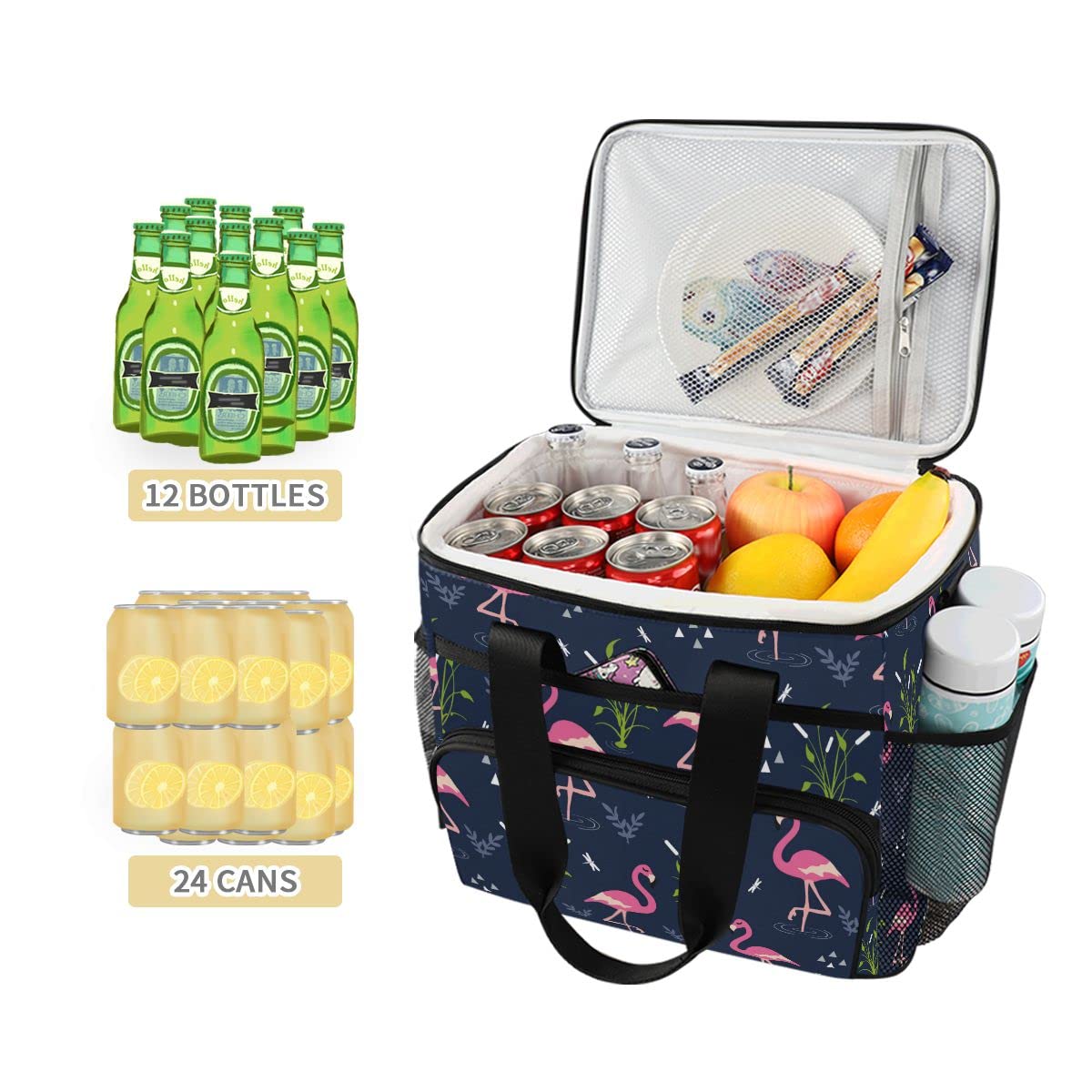 Bolsa de picnic de 15 L, 24 latas, bolsa de almuerzo aislada con flamenco, bolsas para viajes, camping, barbacoa, actividades al aire libre, asas, correa para el hombro