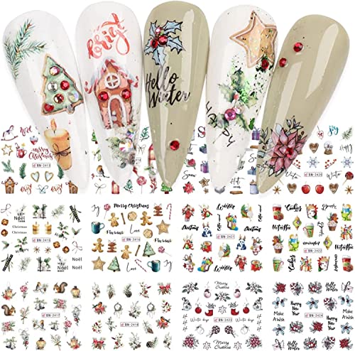 12 Sheets Christmas Nail Art Stickers Winter Holly Tree Gingerbread Water Transfer Nail Decals Christmas Tree Pinecone Nail Art Decoration Holiday Manicure Supplies For Women Girls #TOP6