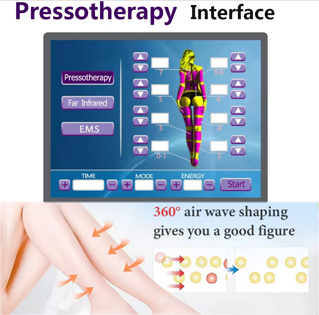 Massaggiatore per linfodrenaggio con riscaldamento del corpo per massaggio alle gambe con pressione dell'aria a 360° con EMS, tuta pressoterapia 3 in1, 24 airbag
