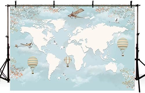 Miniatura 4 de Sendy Fondo de viaje de 7 x 5 pies, decoración de fiesta de baby shower, mapa del mundo alrededor del mundo, aventura espera avión, cumpleaños,
