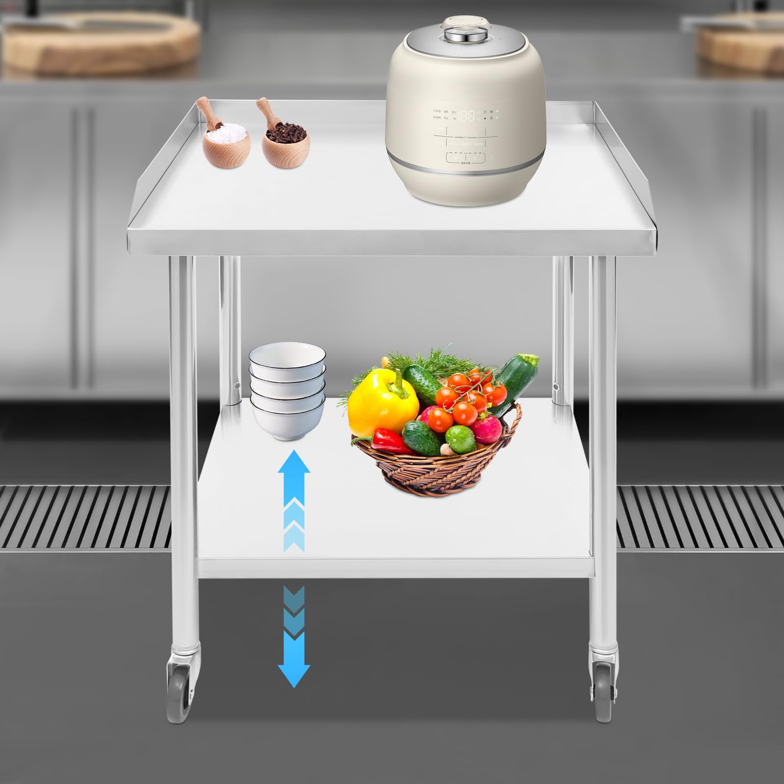 2-tier Work Table, Stainless Steel Work Table, Commercial Prep Table, Stainless Steel Work Table with Wheels, Stainless Steel Prep Table, Metal Work Table for Restaurant Home Hotel (23.62*23.62in)