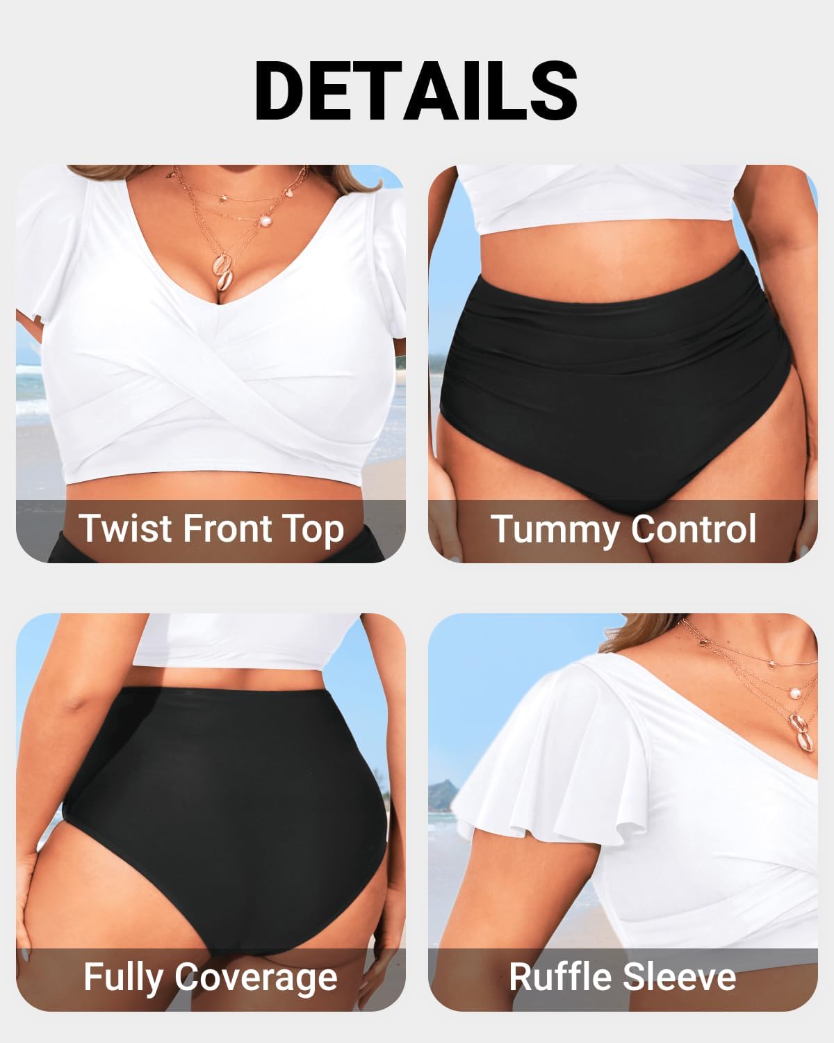 Daci Plus Size Two Piece Swimsuits - High Waisted Bikini with Sleeves for Women Bathing Suit Swimwear Black and White 22 Plus - Image 4